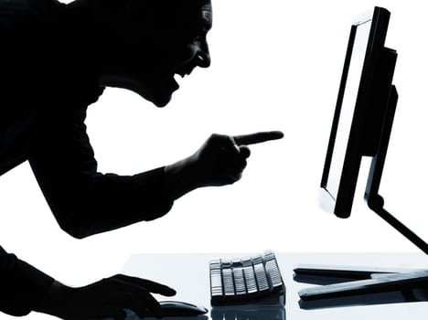 one caucasian business man computing computer  happy success portrait silhouette in studio isolated on white background