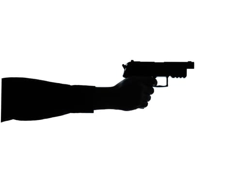 one caucasian close up detail one man hand aiming gun silhouette in studio isolated on white background
