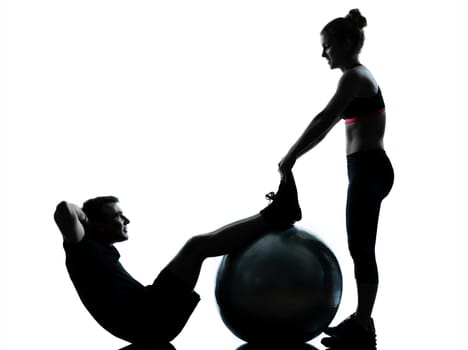 one couple man woman exercising workout aerobic fitness posture full length silhouette on studio isolated on white background
