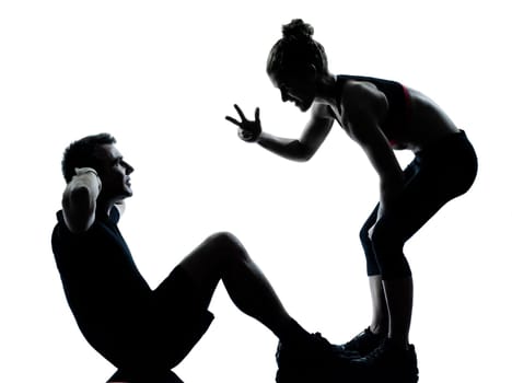 one couple man woman exercising workout aerobic fitness posture full length silhouette on studio isolated on white background