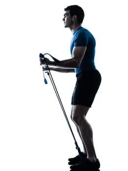 one caucasian man exercising workout fitness in silhouette studio  isolated on white background