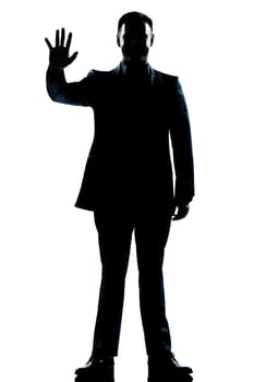 one caucasian man saluting high five full length silhouette in studio isolated white background
