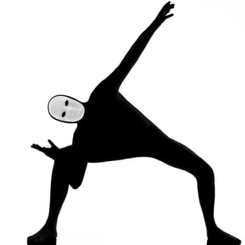 performer man mime with mask stretching flexibility on studio isolated on white background