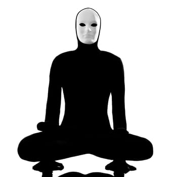 performer man mime with mask stretching flexibility on studio isolated on white background