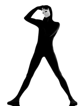 performer man mime with mask  thinking head in hands on studio isolated on white background
