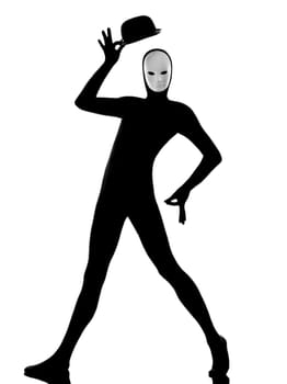 performer man mime with mask  happy saluting on studio isolated on white background