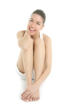 Clean young sit woman studio lifestyle portrait over white