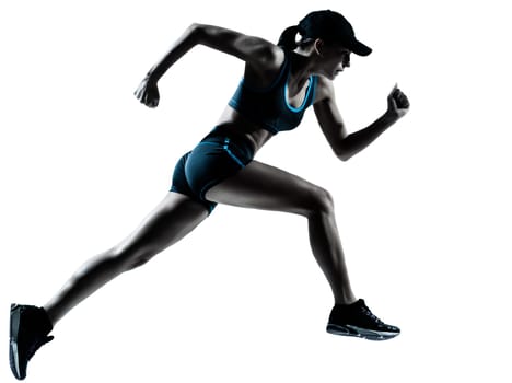 one caucasian woman runner jogger running in silhouette studio isolated on white background