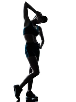 one caucasian woman runner jogger tired breathless in silhouette studio isolated on white background