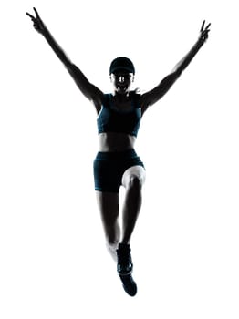 one caucasian woman runner jogger victorious jumping in silhouette studio isolated on white background