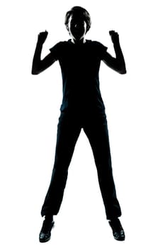 one caucasian young teenager silhouette boy or girl happy jumping screaming full length in studio cut out isolated on white background