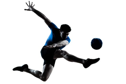 one caucasian man flying kicking playing soccer football player silhouette  in studio isolated on white background