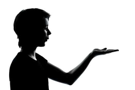 one caucasian young teenager silhouette boy or girl empty hands open portrait in studio cut out isolated on white background