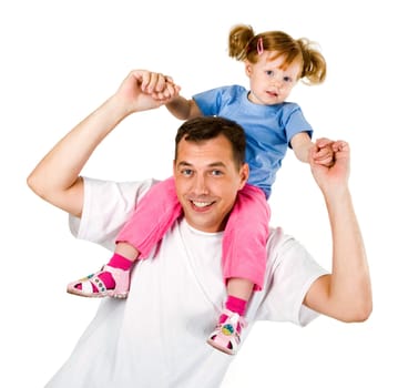 Photo of cute girl sitting on fathers shoulders