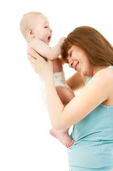 Image of funny baby pulling his mother hair in isolation