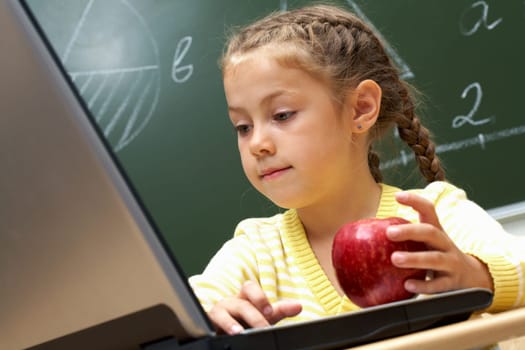 Portrait of pretty schoolgirl looking at the laptop attentively