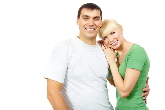 Portrait of happy woman putting her head on mans shoulder