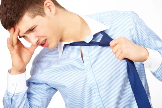 Portrait of young man in problem showing his dissatisfaction