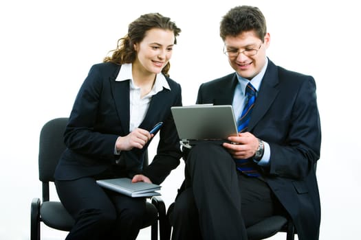 Portrait of business woman and man working together