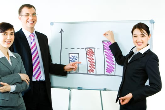Portrait of business partners standing near whiteboard with graphs on it and pointing at the chart looking at camera with smiles