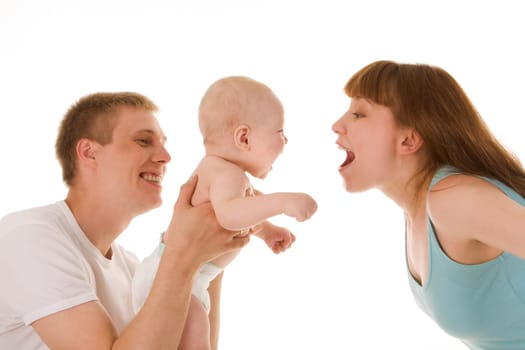 Portrait of joyful family having fun over white background