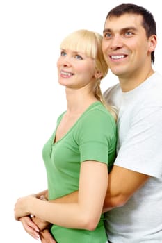 Portrait of passionate man hugging his girlfriend and looking up together