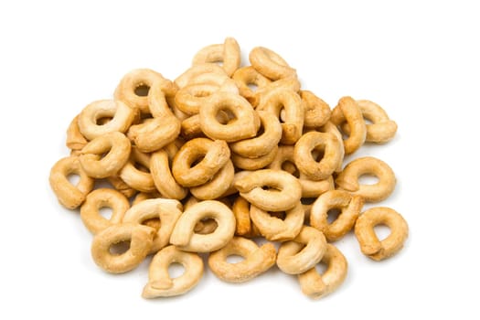 Close up shot of Italian taralli, traditional bakery product isolated on white
