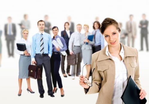 Collage of several business people in different poses with pretty leader in front