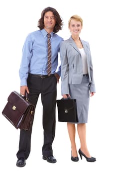 Successful business partners looking at camera in isolation
