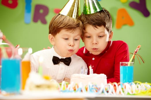 Portrait of happy boys on birthday party blowing at candles on cake