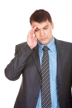 Portrait of smart man touching his forehead with tired expression