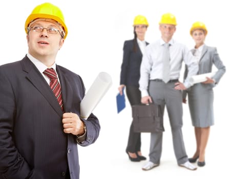Collage of confident architects in helmets with their leader in front