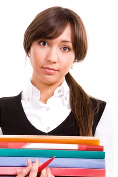Face of pretty girl looking at camera over white background