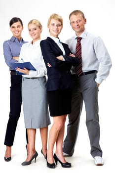 Portrait of friendly business team standing in isolation