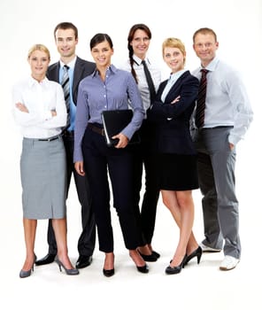 Portrait of friendly business team standing in isolation