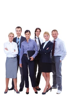 Portrait of friendly business team standing in isolation
