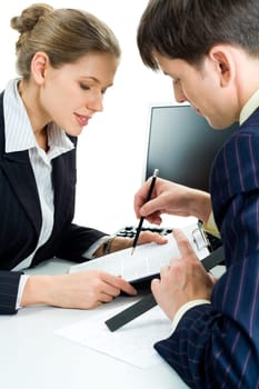 Portrait of confident man showing a business-plan to colleague