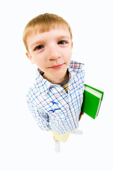 Portrait of boy holding the toy on a white background