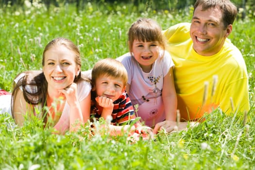 Portrait of family lying on grass in the park in summer and enjoying themselves