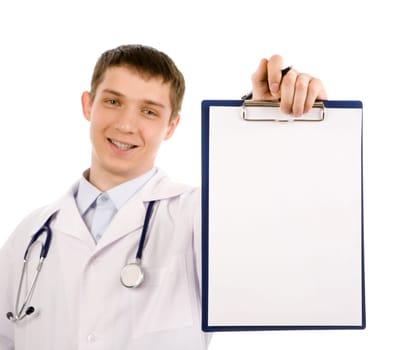 Portrait of confident doctor stretching his hand and showing blank paper