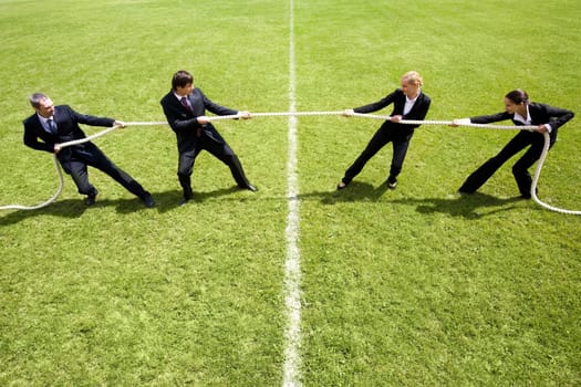 Businessmen and businesswomen playing tug of war