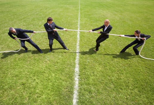 Businessmen and businesswomen playing tug of war