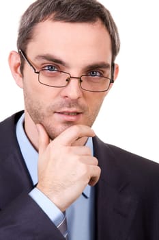 Portrait of elegant businessman in eyeglasses touching his chin