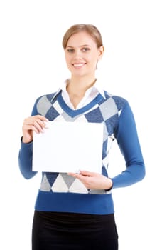 Portrait of a pretty woman holding paper and looking at camera