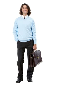 Photo of smart businessman with briefcase over white background
