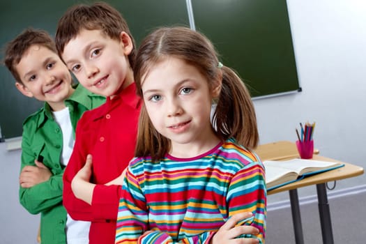 Image of group classmates with leader in front