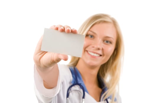 Focus on visiting card in happy female hand