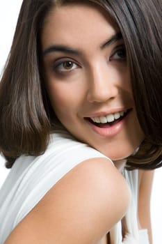 Portrait of face of happy pretty brunette with opening mouth