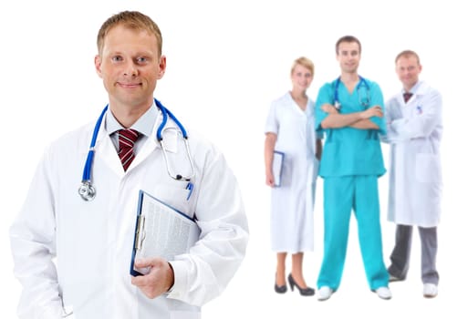 Collage of confident clinicians with handsome doctor in front