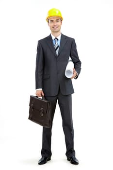 Photo of smart businessman in helmet over white background
